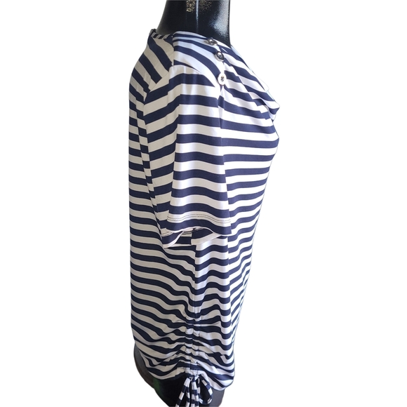 Claire France Navy and White Striped Short Sleeve Drape Neck Top 1X - Picture 3 of 6